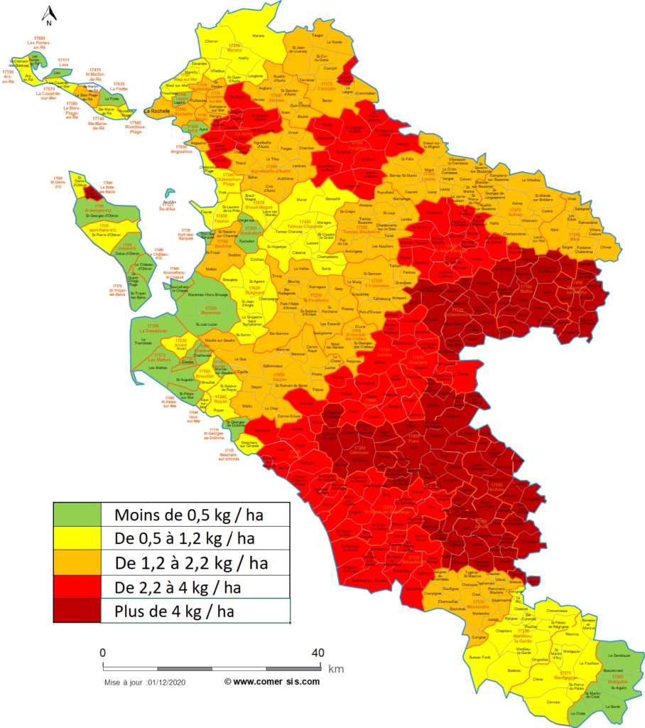 Carte illustrant les quantités d'achats de substances pesticides hors soufre en Charente-Maritime, par secteur de code postal