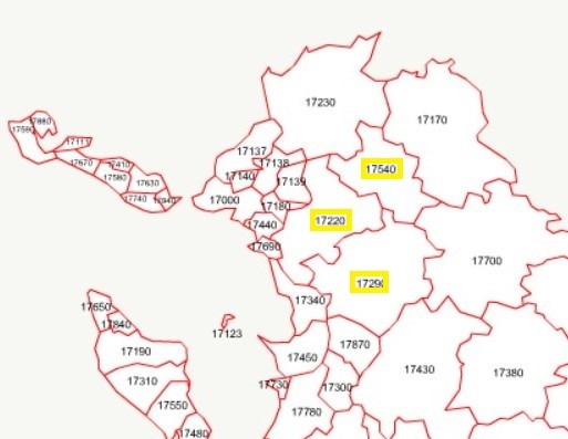 Plaine d'Aunis - trois secteurs de codes postaux 17220, 17290 et 17540