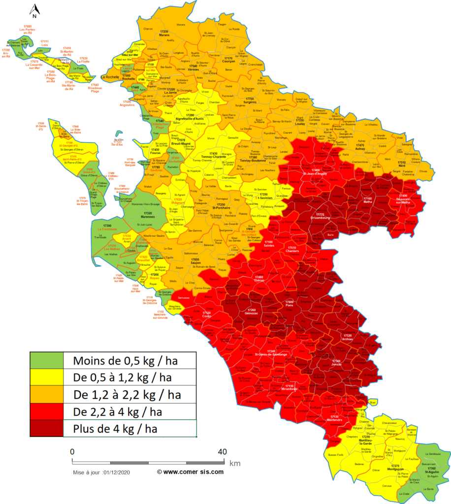 Carte illustrant les quantités d'achats de substances pesticides hors soufre en Charente-Maritime, par secteur de code postal