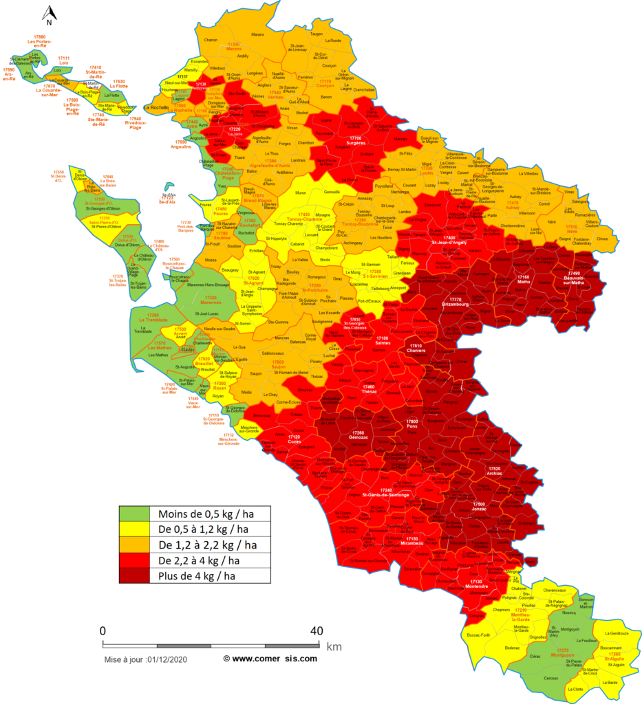 Carte 2024 des pressions pesticides en Charente-Maritime